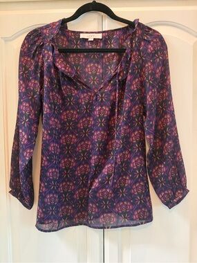 LOFT Purple and Pink Floral Tie-Neck Blouse
